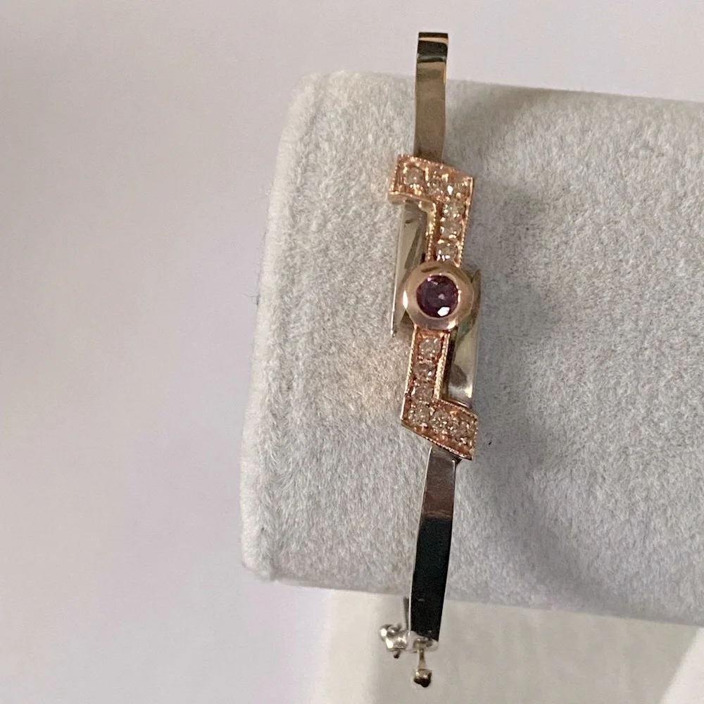 💎 .30ct Diamond 14k solid rose gold .20ct ruby on 925 silver bangle real stones